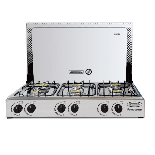 [POMPEYA 6Q] COCINETA KOMBO 6 QUEMADORES INOXIDABLE CON TAPA DE VIDRIO